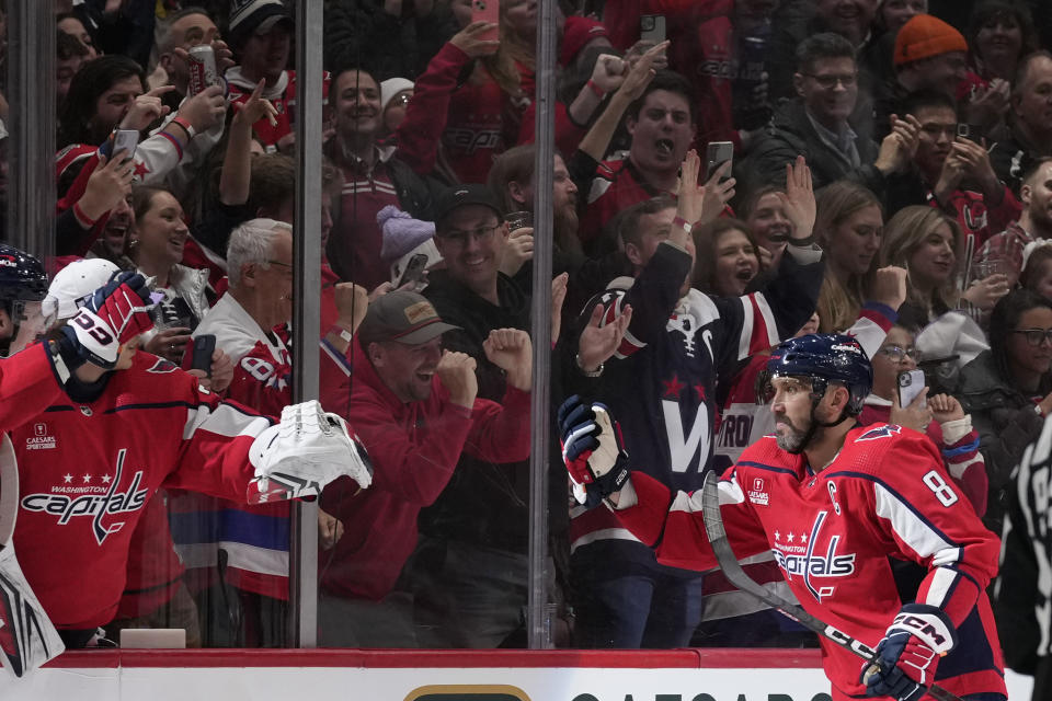 Washington Capitals left wing Alex Ovechkin (8) gestures during the second period of an NHL hockey game against the Columbus Blue Jackets in Washington, Saturday, Nov. 18, 2023. (AP Photo/Susan Walsh)