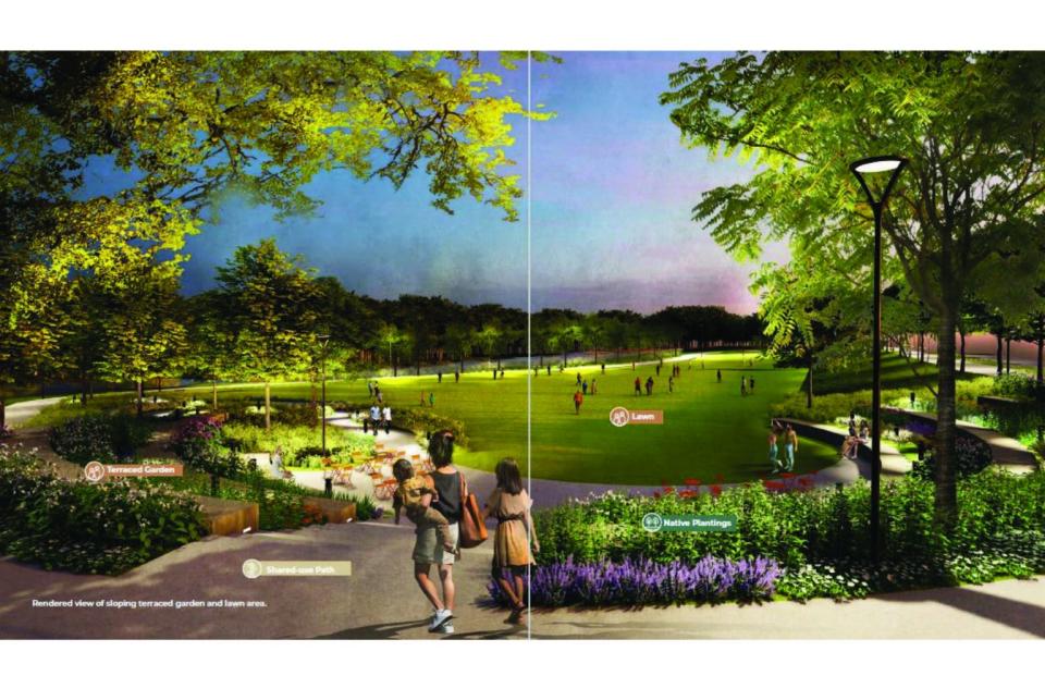 A rendering shows the Lawn at Bushy Creek, a proposed 20-acre park along Pecan Avenue and Georgetown Street.