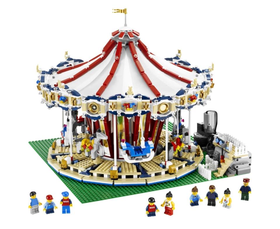 GRAND CAROUSEL: $249 -- This compact model is just 12” across, but it still packs an impressive 3,200 bricks, nine minifigures, and even a canvas top. Best of all, it actually spins.  Courtesy of Lego’s Power Functions blocks, it rotates in a circle, the horses move up and down, and it even plays music.