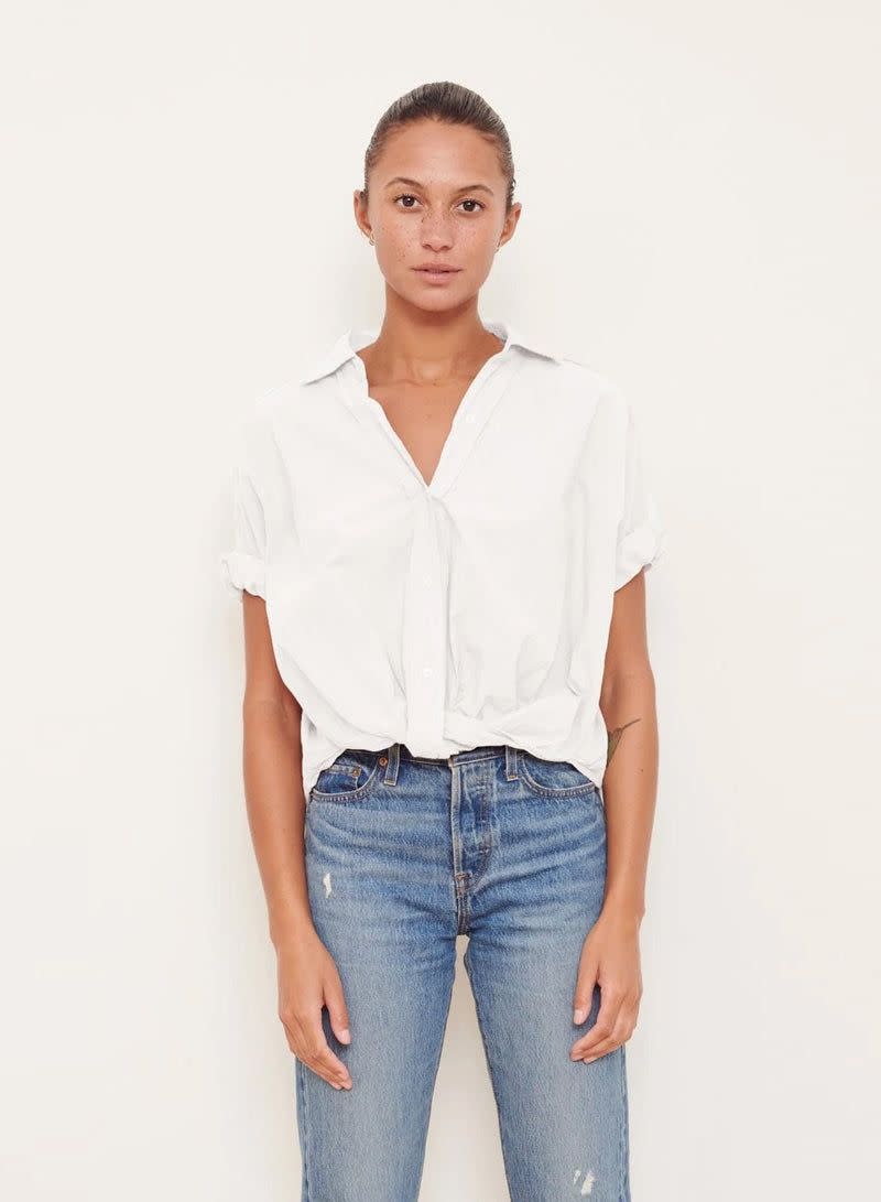 Poplin Short Sleeve Front Twist Button Up Shirt