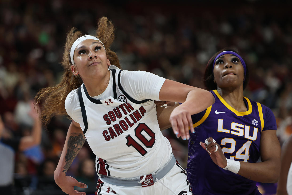 GREENVILLE, SC - MARCH 10: South Carolina Gamecocks center Kamilla Cardoso (10)and LSU Tigers guard Aneesah Morrow (24) during the SEC Women's Basketball Tournament Championship Game between the LSU Tigers and the South Carolina Gamecocks March 10, 2024 at Bon Secours Wellness Arena in Greenville, S.C. (Photo by John Byrum/Icon Sportswire via Getty Images)