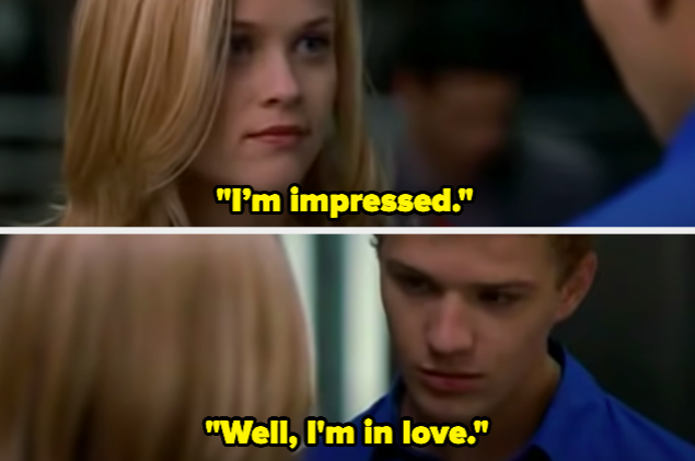 A woman tells a man "I’m impressed" and he responds "Well, I’m in love"