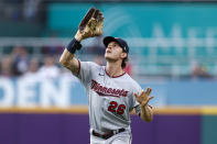 Minnesota Twins right fielder Max Kepler makes a catch for the out on Cleveland Guardians' Myles Straw during the fifth inning of a baseball game Wednesday, June 29, 2022, in Cleveland. (AP Photo/Ron Schwane)