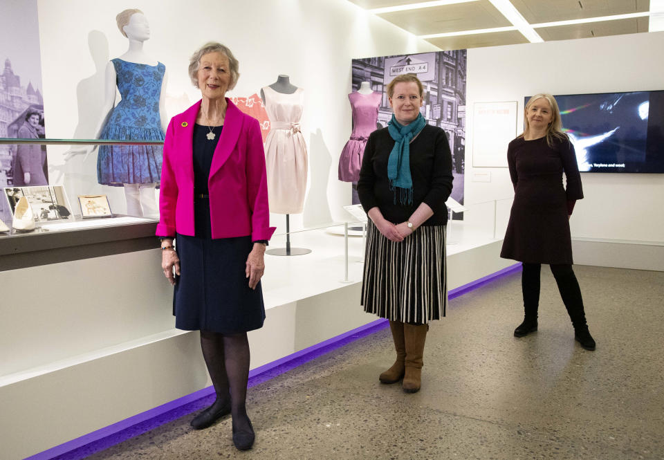 Heather Tilbury Phillips, left, an adviser on the exhibition, joined Glasgow Life curator Rebecca Quinton, centre, and exhibition curator for the V&A Jenny Lister as final preparations were made (Ross MacDonald/SNS Group/PA)