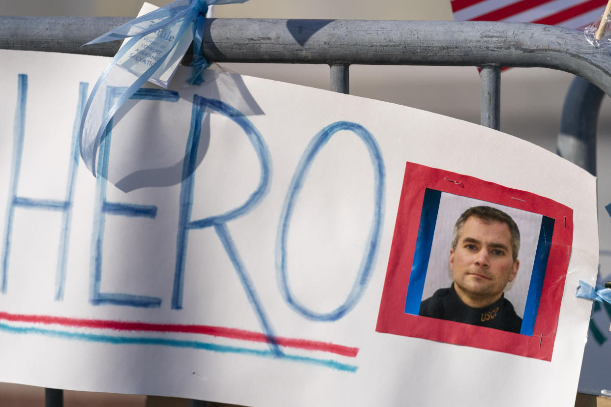 A memorial for U.S. Capitol Police Officer Brian Sicknick is visible near the U.S. Capitol on Capitol Hill in Washington, Thursday, Jan. 14, 2021. (Andrew Harnik/AP)