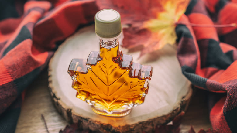 Bottle of amber maple syrup