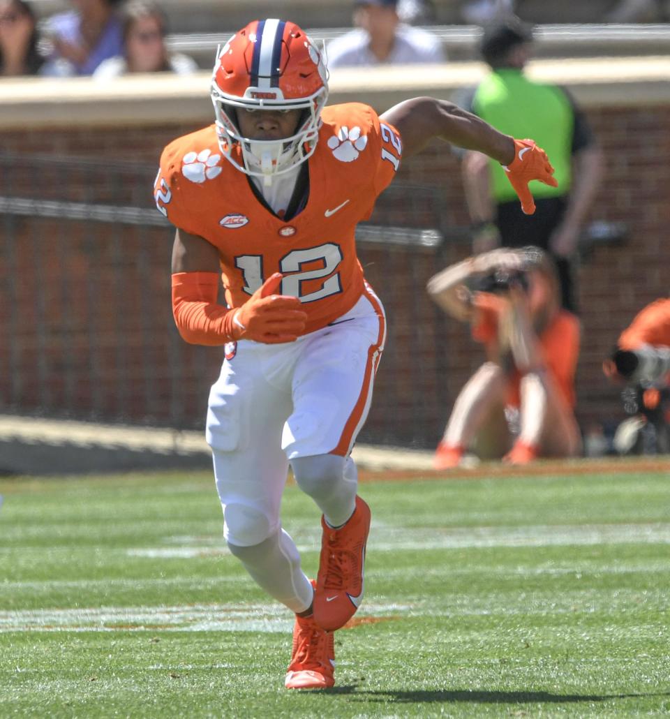 Clemson wide receiver Bryant Wesco Jr. (12) runs a route during the Spring football game in Clemson, S.C. Saturday, April 6, 2024.