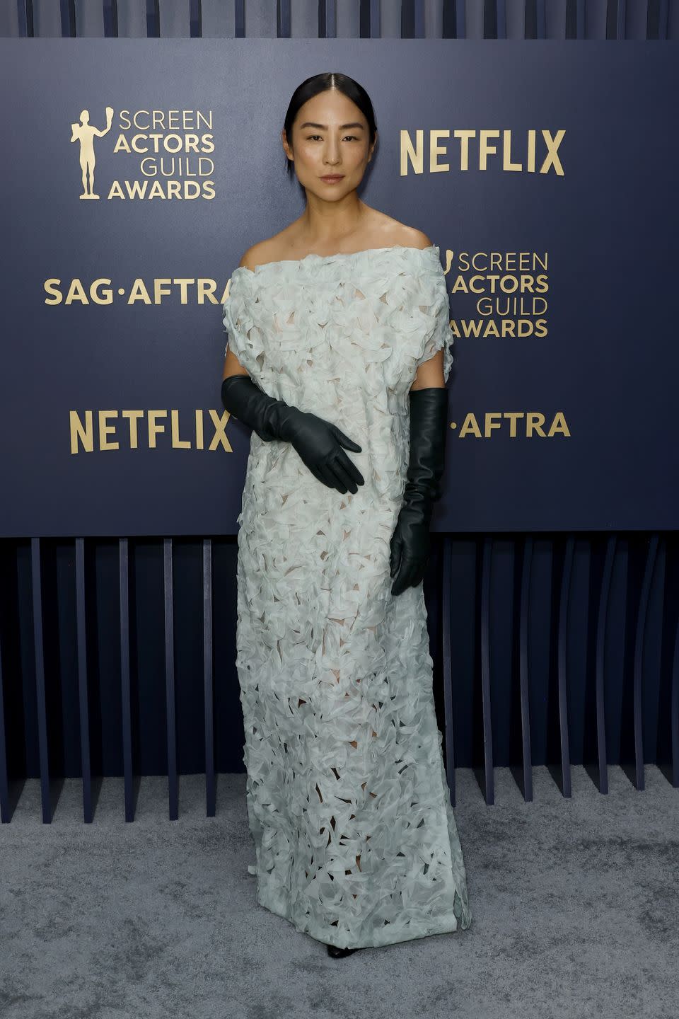 los angeles, california february 24 greta lee attends the 30th annual screen actors guild awards at shrine auditorium and expo hall on february 24, 2024 in los angeles, california photo by frazer harrisongetty images