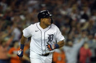 Detroit Tigers designated hitter Miguel Cabrera watches his sacrifice fly to center during the eighth inning of a baseball game against the Baltimore Orioles, Friday, July 30, 2021, in Detroit. (AP Photo/Carlos Osorio)