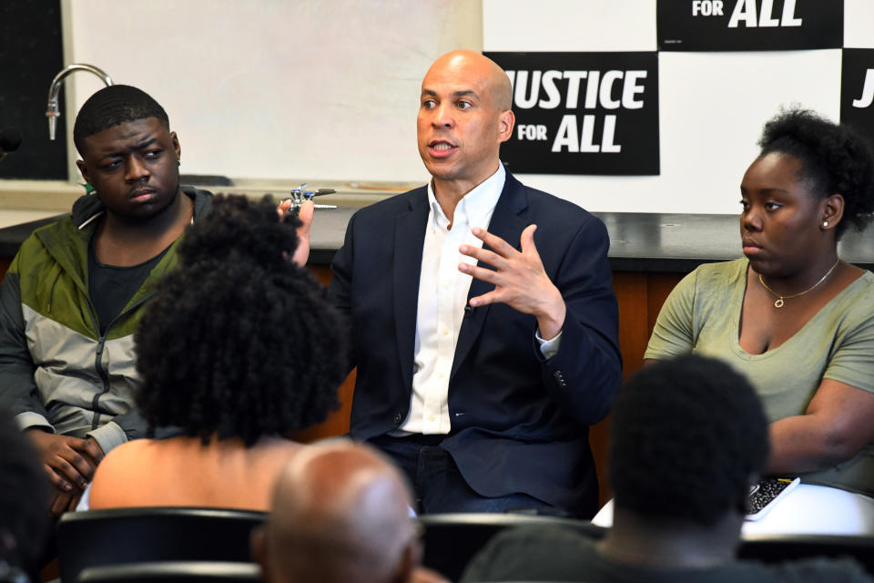 Democratic presidential candidate Sen. Cory Booker, D-N.J., speaks during a campaign stop on Friday, April 26, 2019, at Allen University in Columbia, S.C. (AP Photo/Meg Kinnard)