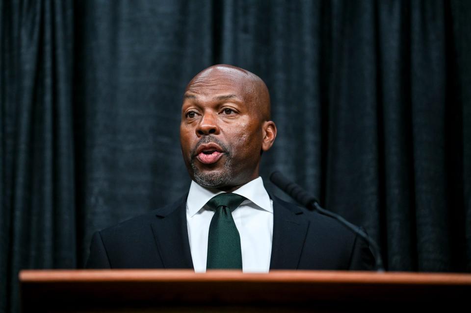 Michigan State University Athletic Director Alan Haller speaks during a news conference regarding the football program in the wake of sexual assault allegations against now-former head coach Mel Tucker.