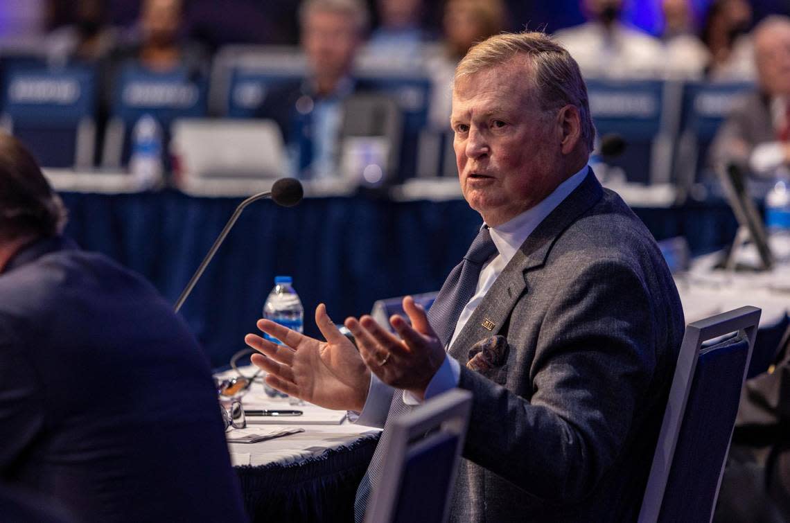 Dean Colson, president of the Florida International University Board of Trustees, speaks to other members of the board during an FIU Board of Trustees meeting held at the FIU Modesto A. Maidique Campus in Miami on March 3, 2022.