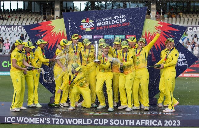 Australia players celebrate after winning the Women’s T20 World Cup final