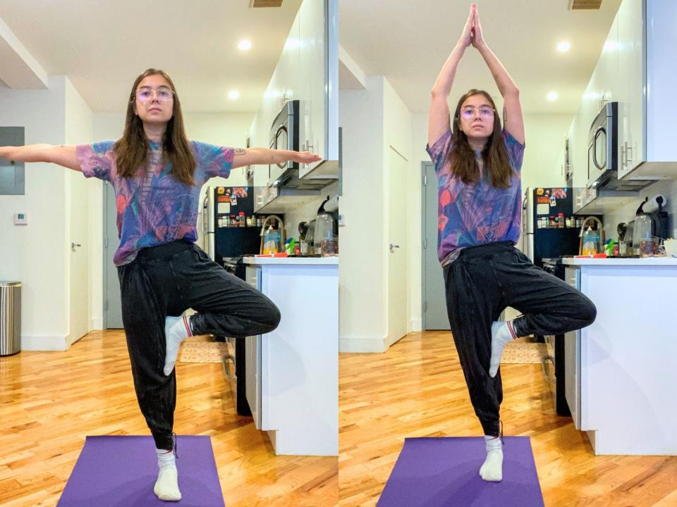 Two photos of the author in a kitchen with white walls and wood floors on doing yoga on a purple mat