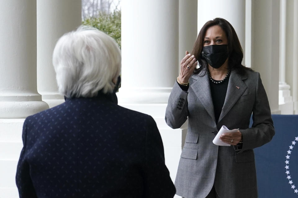 Vice President Kamala Harris arrives to participate in a swearing-in ceremony with Treasury Secretary Janet Yellen, left, Tuesday, Jan. 26, 2021, at the White House in Washington. (AP Photo/Patrick Semansky)