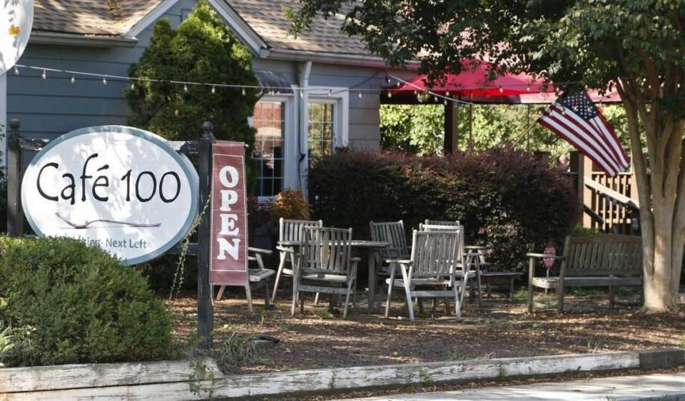 Cafe 100 is located at 100 Huntersville-Concord Road in a shady, tree-lined section of downtown Huntersville.