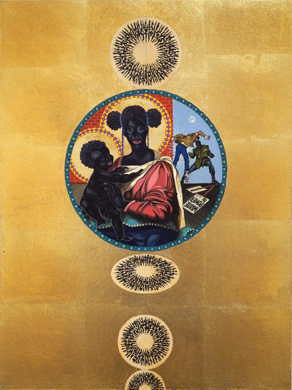 A Renaissance-style painting depicts a Black Madonna with child as a Black man punches a white supremacist at rear