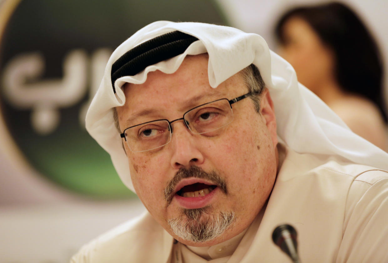 Saudi journalist Jamal Khashoggi speaks during a press conference in Manama, Bahrain in 2014. (Hasan Jamali/AP)