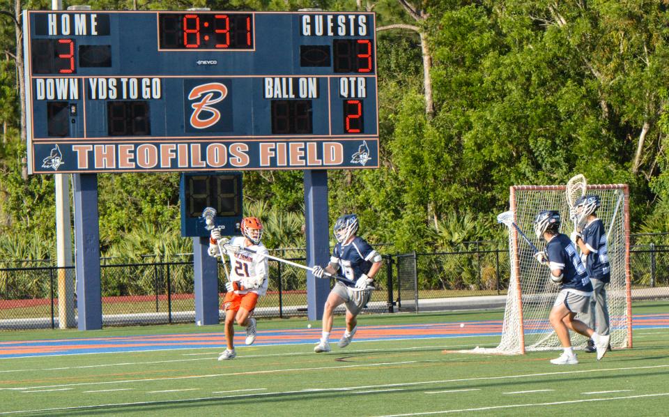 Benjamin's Alex Ponchock (21) looks for a pass from behind the crease against St. Edward's on April 17, 2024.