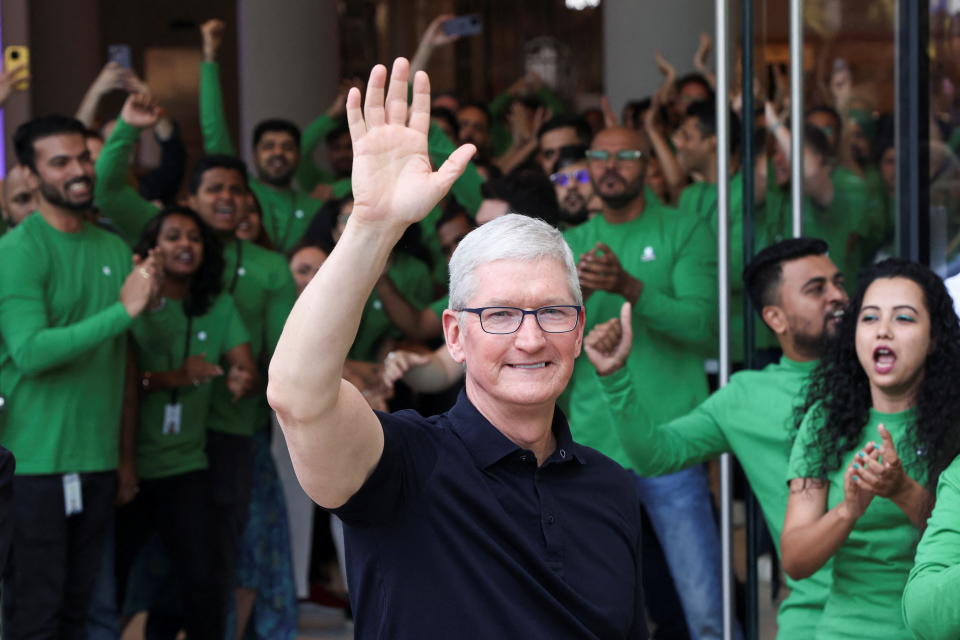 Apple CEO Tim Cook gestures during the opening ceremony of India's first Apple retail store in Mumbai, India, April 18, 2023.Reuters/Francis Mascarenhas