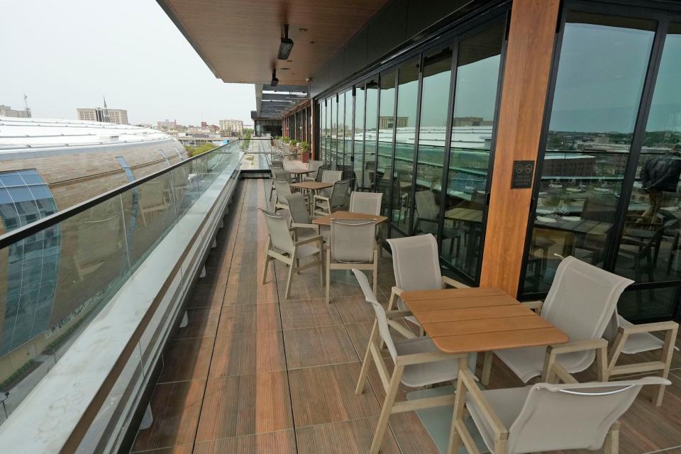 The south-side patio area of Il Cervo, which is Italian for "the deer," offers views of Fiserv Forum from the 9th floor of the new Trade Hotel, pictured on May 18, 2023. The hotel has 207 rooms, a rooftop restaurant and a lounge with city views.