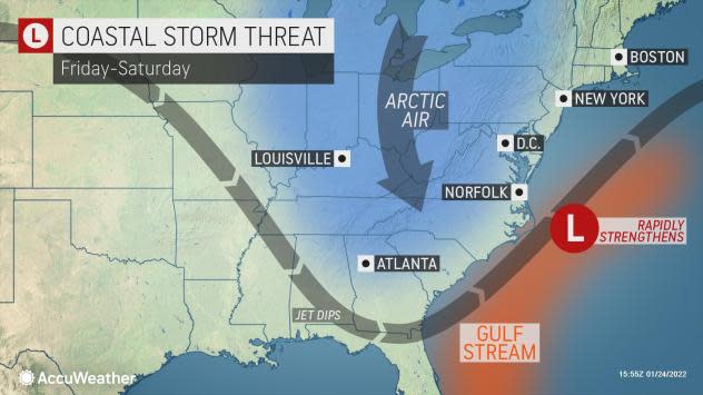 The storm is expected to strengthen off the southern coast and bring heavy snow to New England, according to AccuWeather.