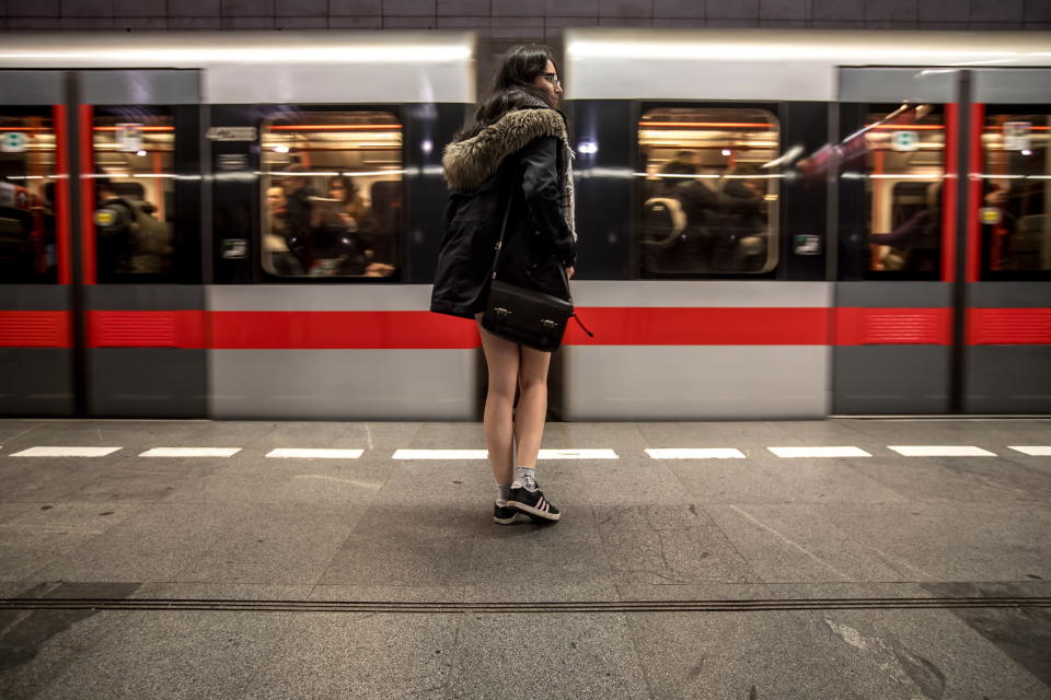 Young people wearing no pants participate in the ‘No Pants Subway Ride’ inPrague, Czech Republic, Jan. 13, 2019. The No Pants Subway Ride is an annual global event started in New York in 2002. (Photo: Martin Divisek/EPA-EFE/REX/Shutterstock)