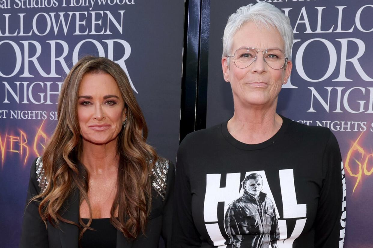 Kyle Richards and Jamie Lee Curtis attend the Halloween Horror Nights Opening Night Celebration at Universal Studios Hollywood on September 08, 2022 in Universal City, California.