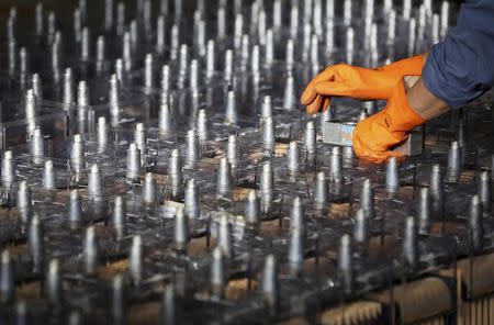 An employee prepares FIAMM batteries, in this photo illustration taken at the battery maker's factory in Avezzano, near L'Aquila, November 28, 2014. REUTERS/Alessandro Bianchi