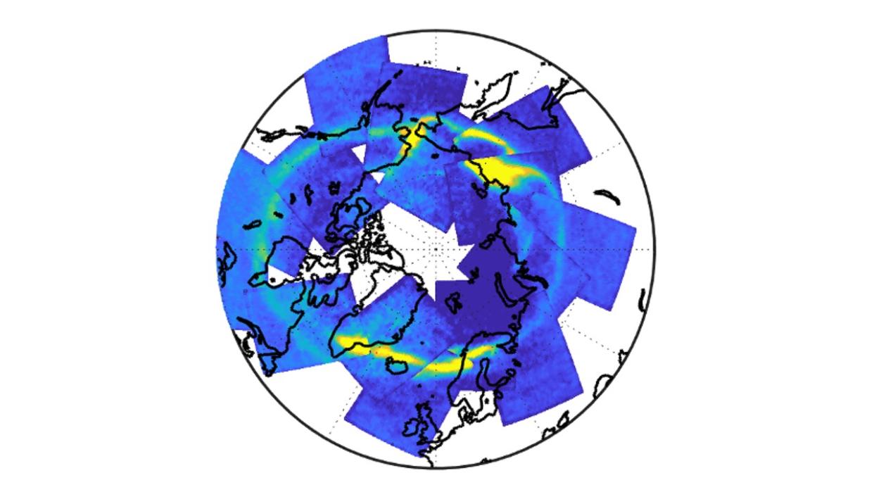  yellow swirls of gas overlaid on a map of Earth 