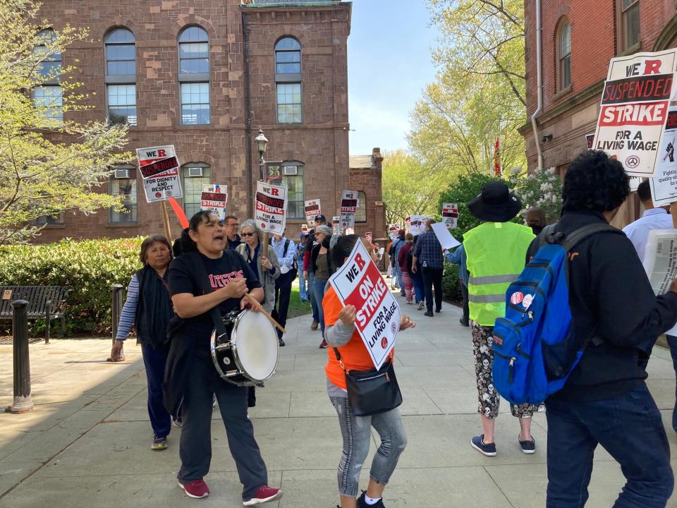 Rutgers faculty picketed for a new contract outside Winants Hall on the New Brunswick campus during the university's board of governors meeting Thursday.