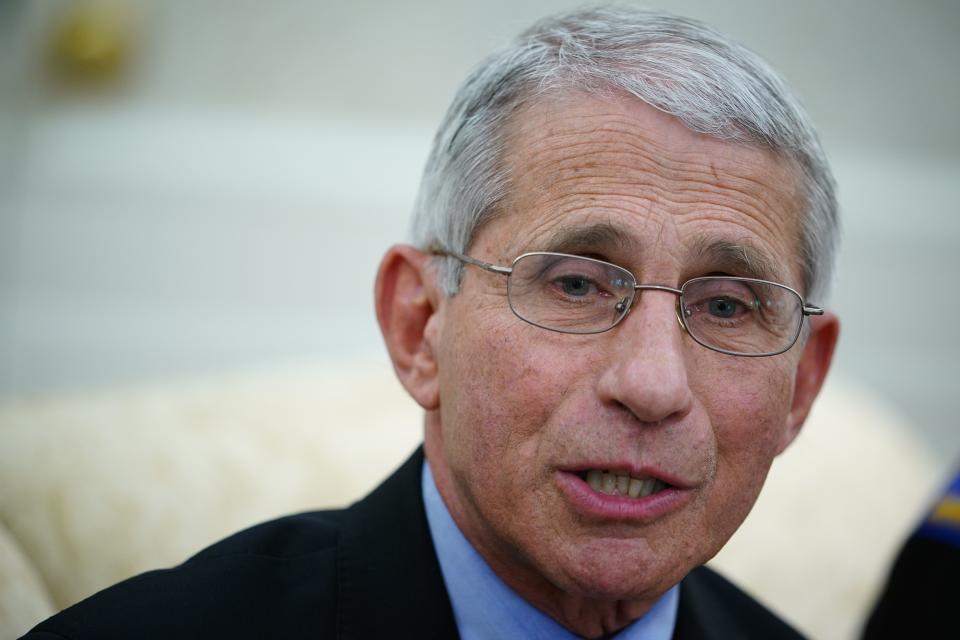 Dr. Anthony Fauci , director of the National Institute of Allergy and Infectious Diseases speaks during a meeting with US President Donald Trump and Louisiana Governor John Bel Edwards D-LA in the Oval Office of the White House in Washington, DC on April 29, 2020. (Mandel Ngan/AFP via Getty Images)
