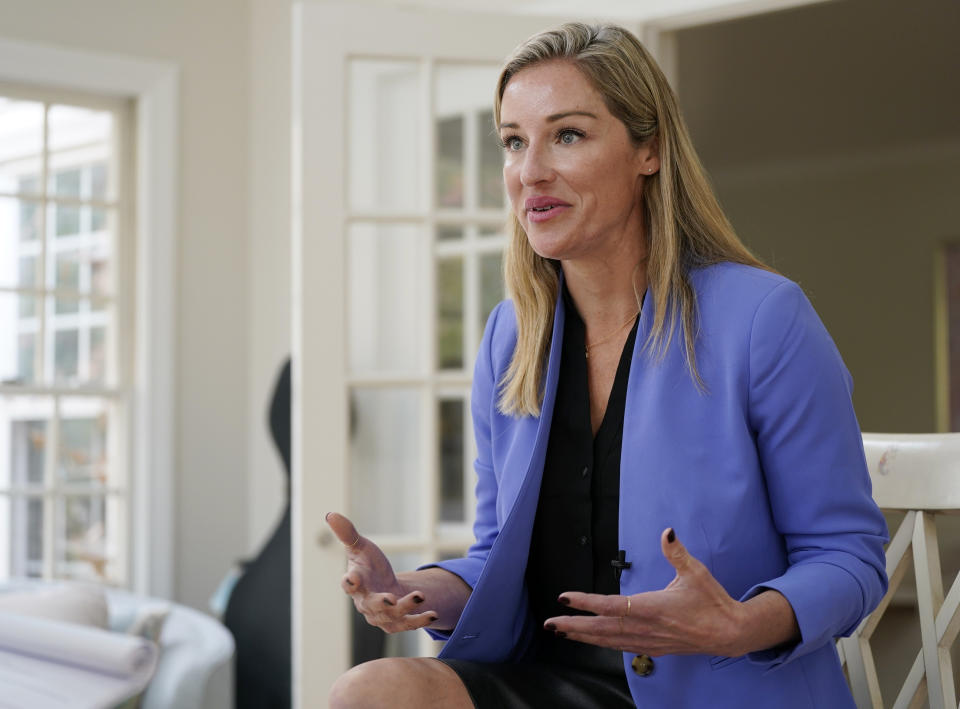 Nurse Practitioner and former Democratic candidate for the Virginia House of Delegates, Susanna Gibson, gestures during an interview at her home Wednesday Nov. 15, 2023, in Henrico, Va. (AP Photo/Steve Helber)