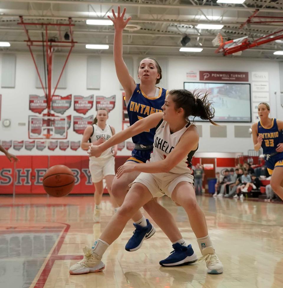 Shelby's Demi Hipp dishes one of her nine assists during the Whippets' win over Ontario which netted a fifth consecutive MOAC championship on Thursday.