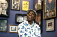 Buddy Guy poses for a portrait to promote the latest installment of the PBS biography series, “American Masters” on Wednesday, July 28, 2021, at his blues club Buddy Guy's Legends in Chicago. (AP Photo/Shafkat Anowar)