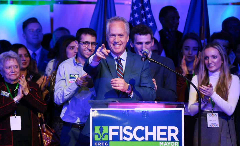 Mayor Greg Fischer pointed to the crowd during his victory speech after winning another term to serve as Louisvilleâ€™s mayor at the C2 Event Venue.  Nov. 6, 2018