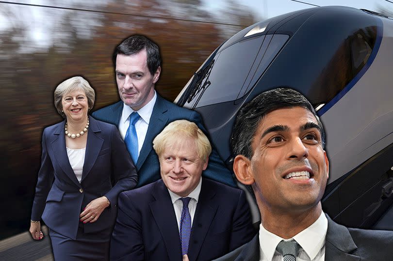 Theresa May, George Osborne and Boris Johnson assured HS2 would be delivered in full - now Rishi Sunak has scrapped the northern leg -Credit:M.E.N/PA/Getty