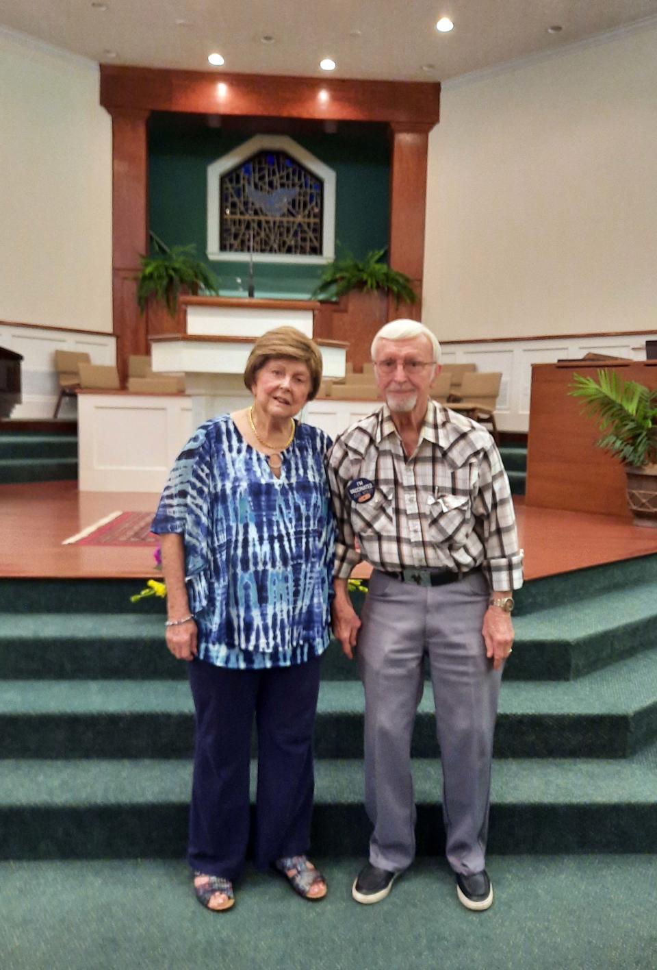 Marti and Joe Shearer pose for a picture in the Panama City church where they were married. The couple will celebrate their 70th wedding anniversary Dec. 4 in Niceville.
