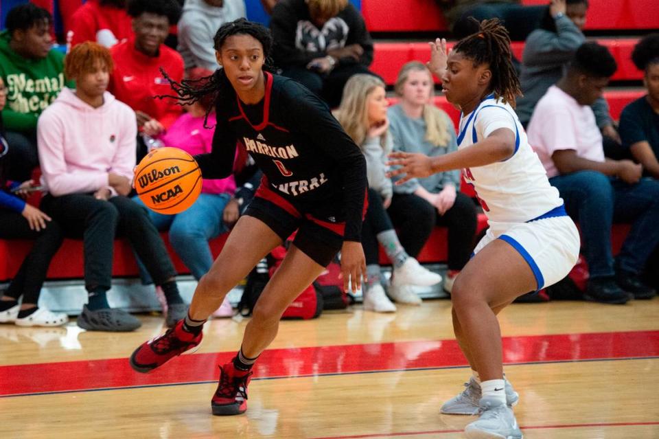 Harrison Central’s Anaisha Carriere dribbles the ball during a game against Pascagoula at Pascagoula High School on Tuesday, Dec. 5, 2023.