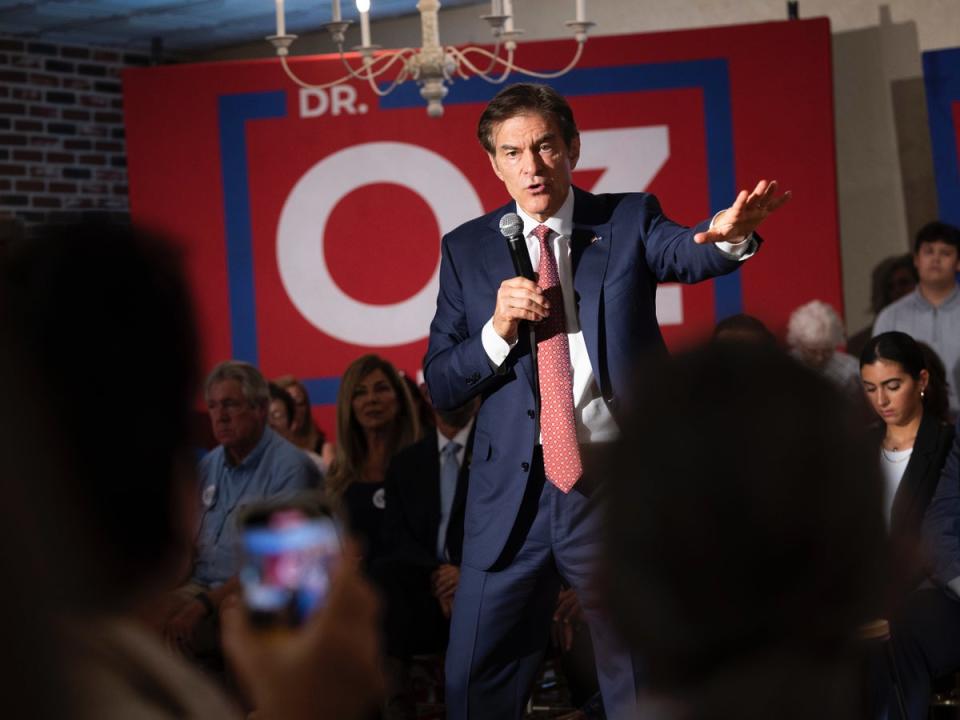 Republican Senate candidate Dr Mehmet Oz, a Republican speaking at a rally in Pennsylvania (AP)