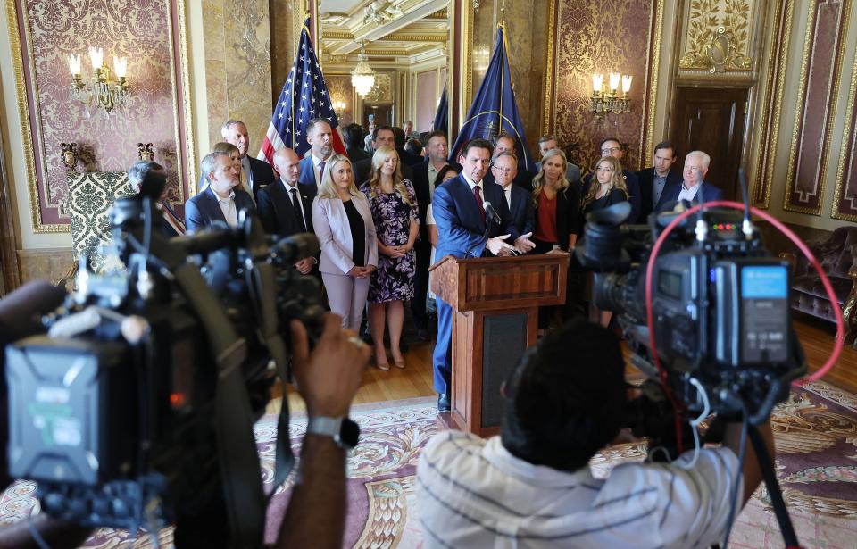 Florida Gov. and presidential candidate Ron DeSantis speaks during a press conference at the Capitol in Salt Lake City on Friday, July 21, 2023. | Jeffrey D. Allred, Deseret News