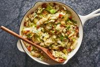 <p>Why is it that <a href="https://www.delish.com/cooking/recipe-ideas/a55335/best-roasted-brussel-sprouts-recipe/" rel="nofollow noopener" target="_blank" data-ylk="slk:Brussels sprouts;elm:context_link;itc:0;sec:content-canvas" class="link ">Brussels sprouts</a> get all the love when <a href="https://www.delish.com/cooking/g1237/cabbage-recipes/" rel="nofollow noopener" target="_blank" data-ylk="slk:cabbage;elm:context_link;itc:0;sec:content-canvas" class="link ">cabbage</a>, Brussels' bigger, cheaper cousin, has similar flavor and just as much culinary potential? If you want to venture into the world of cabbage that goes beyond <a href="https://www.delish.com/cooking/recipe-ideas/recipes/a57965/slow-cooker-corned-beef-and-cabbage-recipe/" rel="nofollow noopener" target="_blank" data-ylk="slk:corn beef;elm:context_link;itc:0;sec:content-canvas" class="link ">corn beef</a> or <a href="https://www.delish.com/cooking/recipe-ideas/a19601658/best-homemade-coleslaw-recipe/" rel="nofollow noopener" target="_blank" data-ylk="slk:coleslaw;elm:context_link;itc:0;sec:content-canvas" class="link ">coleslaw</a>, try this fried cabbage on for size. Hearty and flavorful, it only requires 5 ingredients (if you don't count the salt and pepper). Plus, one of those ingredients is bacon! This simple recipe <em>might</em> just convert even the most ardent of cabbage haters.</p><p>Get the <strong><a href="https://www.delish.com/cooking/recipe-ideas/a26453749/fried-cabbage-recipe/" rel="nofollow noopener" target="_blank" data-ylk="slk:Bacon Fried Cabbage recipe;elm:context_link;itc:0;sec:content-canvas" class="link ">Bacon Fried Cabbage recipe</a></strong>. </p>