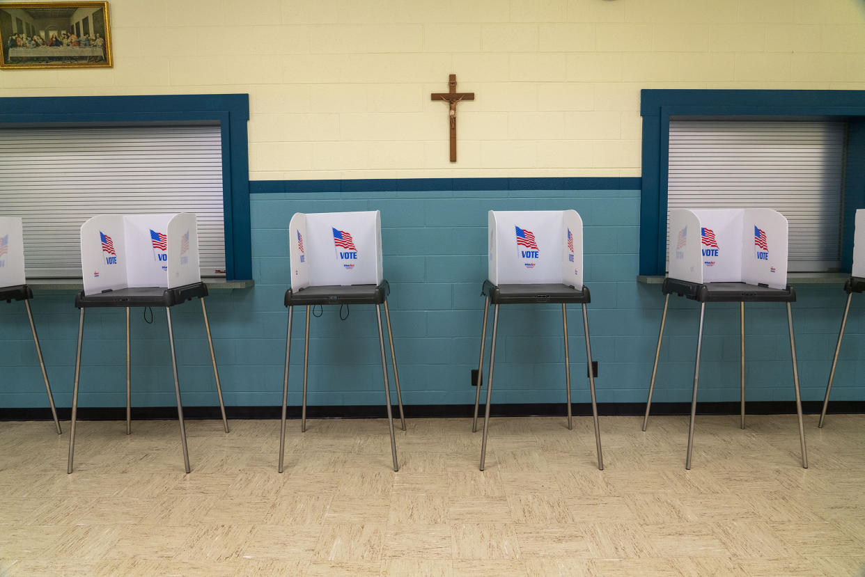 A polling station sits empty at a church in West Milton, Ohio, on March 16, 2020.
