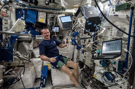 During Expedition 35 in 2013, Canadian astronaut Chris Hadfield performs an experiment by the University of Waterloo's Richard Hughson called BP Reg, that examines the risk of fainting for astronauts.