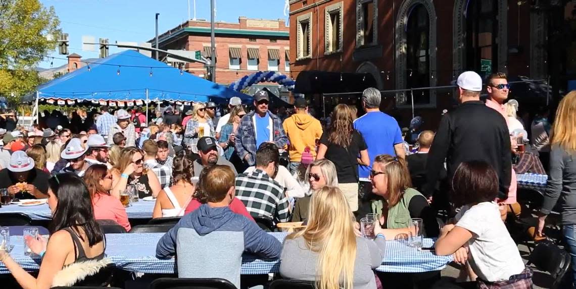 People socialize at Old Boise Oktoberfest in 2017.