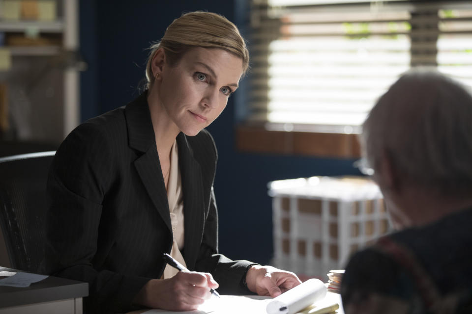 In this image released by AMC, Rhea Seehorn portrays Kim Wexler in a scene from, "Better Call Saul," premiering its third season on Monday at 10 p.m. EDT. (Michele K. Short/AMC/Sony Pictures Television via AP)