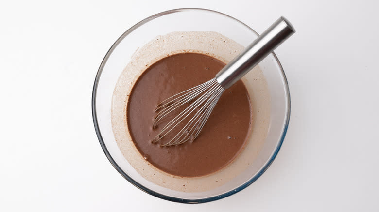 chocolate crepe batter in a mixing bowl