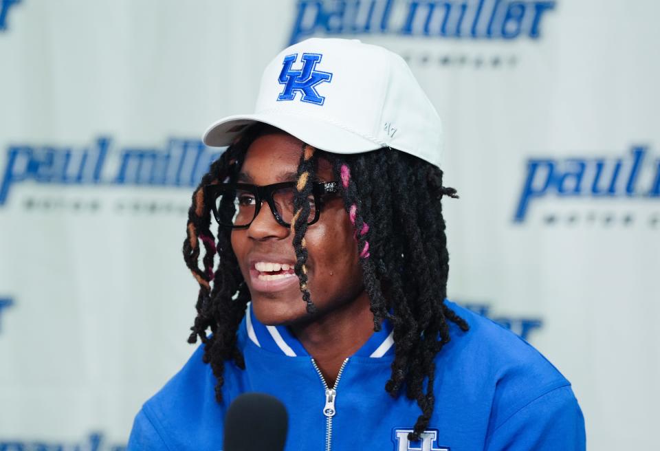 Jasper Johnson, a Lexington native and one of the top basketball players in the 2025 high school class, announces his commitment to the Wildcats during a Sept. 5 ceremony.