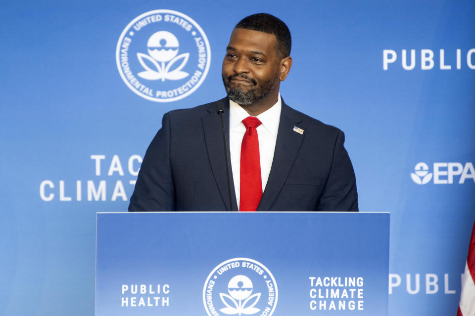 Environmental Protection Agency Administrator Michael Regan announces final standards to reduce pollution from power plants during an event at Howard University on Thursday, April 25, 2024, in Washington. (AP Photo/Kevin Wolf)