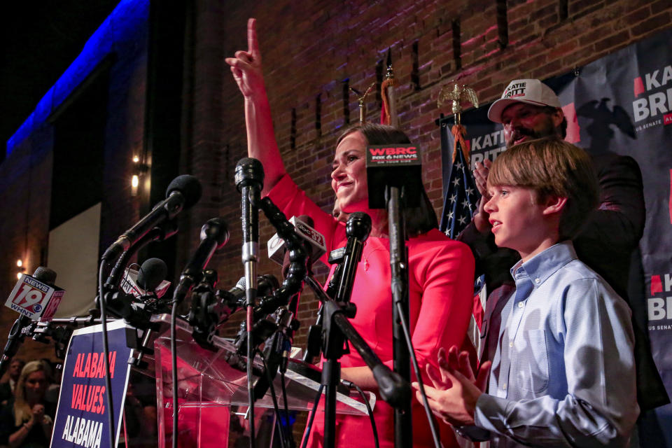 Republican U.S. Senate candidate Katie Britt talks to supporters with her family by her side during her watch party, Tuesday, May 24, 2022, in Montgomery, Ala. (Photo/Butch Dill)